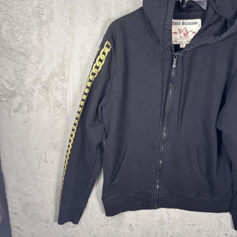 True Religion Hoodie Mens Large Black Full Zip Sweatshirt Gold Chain Sleeve‎